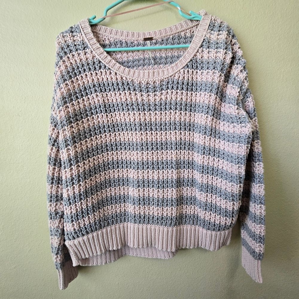FREE PEOPLE Striped Oversized Chunky‎ Cotton Knit Sweater Sz XS Pink Gray